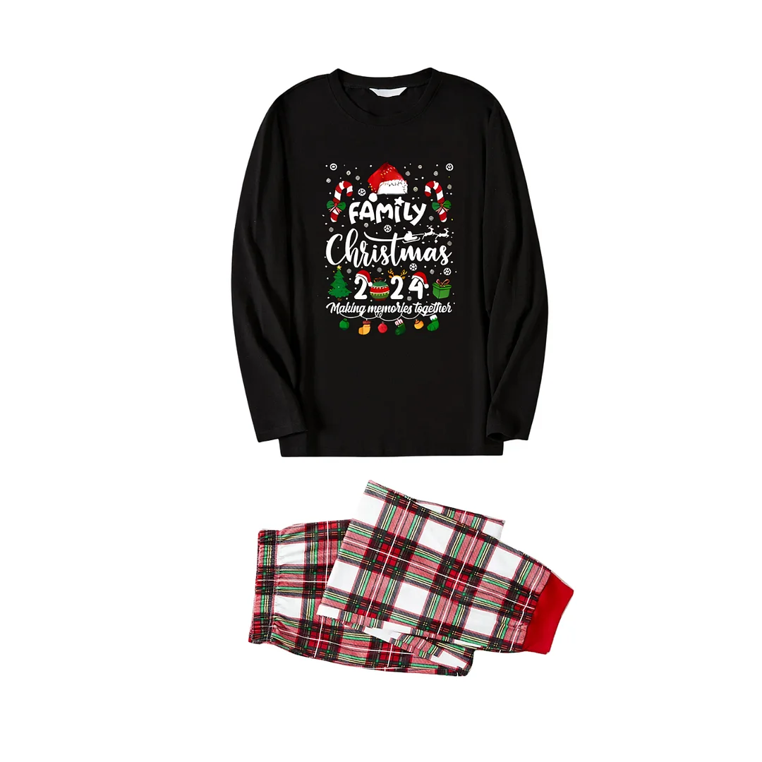 "FAMILY CHRISTMAS 2024 Making Memories Together" with Various Christmas Decorations - Black Top with Red & White & Green Plaid Pants Family Matching Pajamas