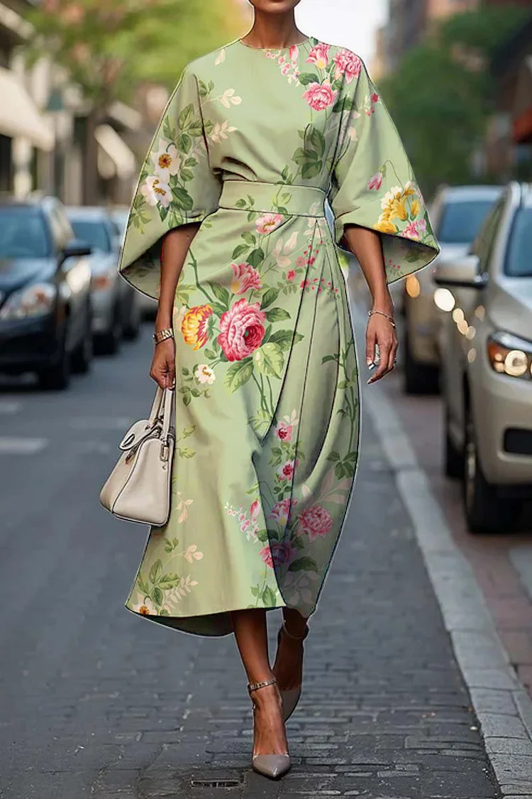 Women's Elegant Vintage Floral Print Midi Dress