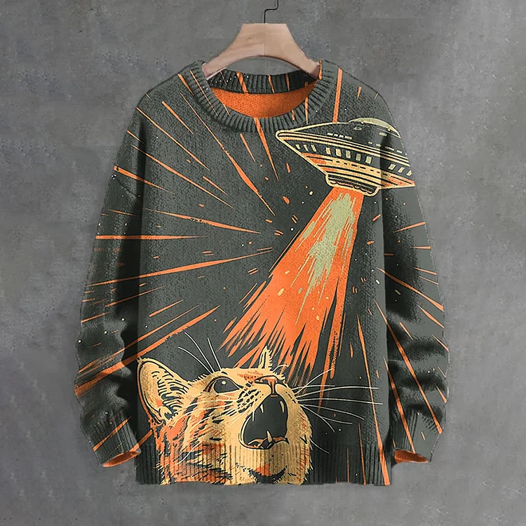 Men's Retro Cat Ufo Print Knit Sweater