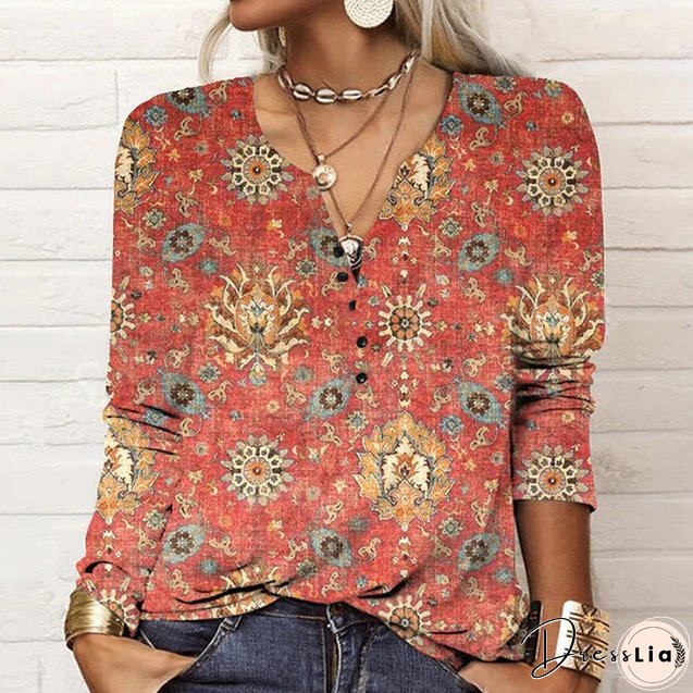 Vintage Ethnic Style Printed Blouse