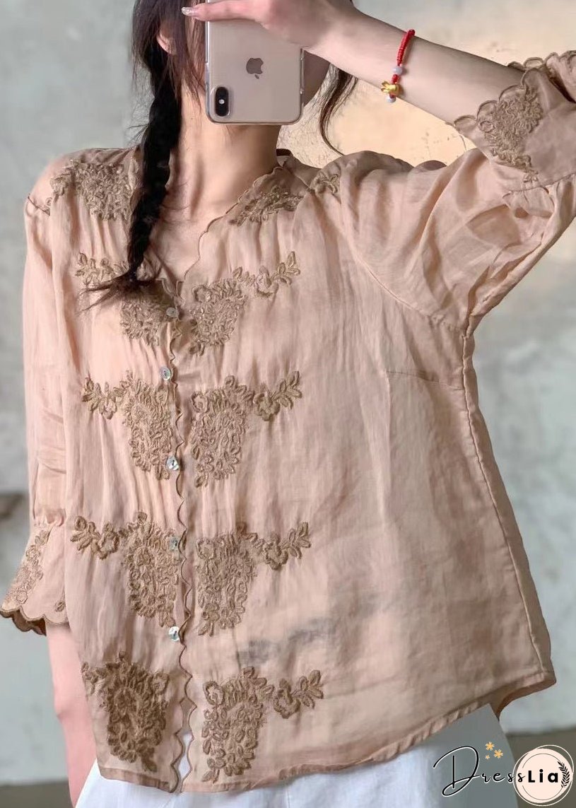 New Pink V Neck Embroidered Button Linen Shirt Spring