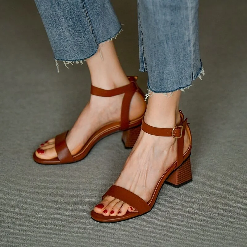 Qengg High Heel Sandals Women Leather Brown Sandals Open Toe Buckle Simple Rome Woman Shoes Comfortable Chunky Heel 2022