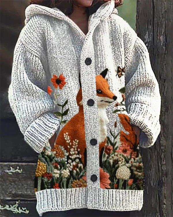 Fox Floral Art Print Hooded Cardigan