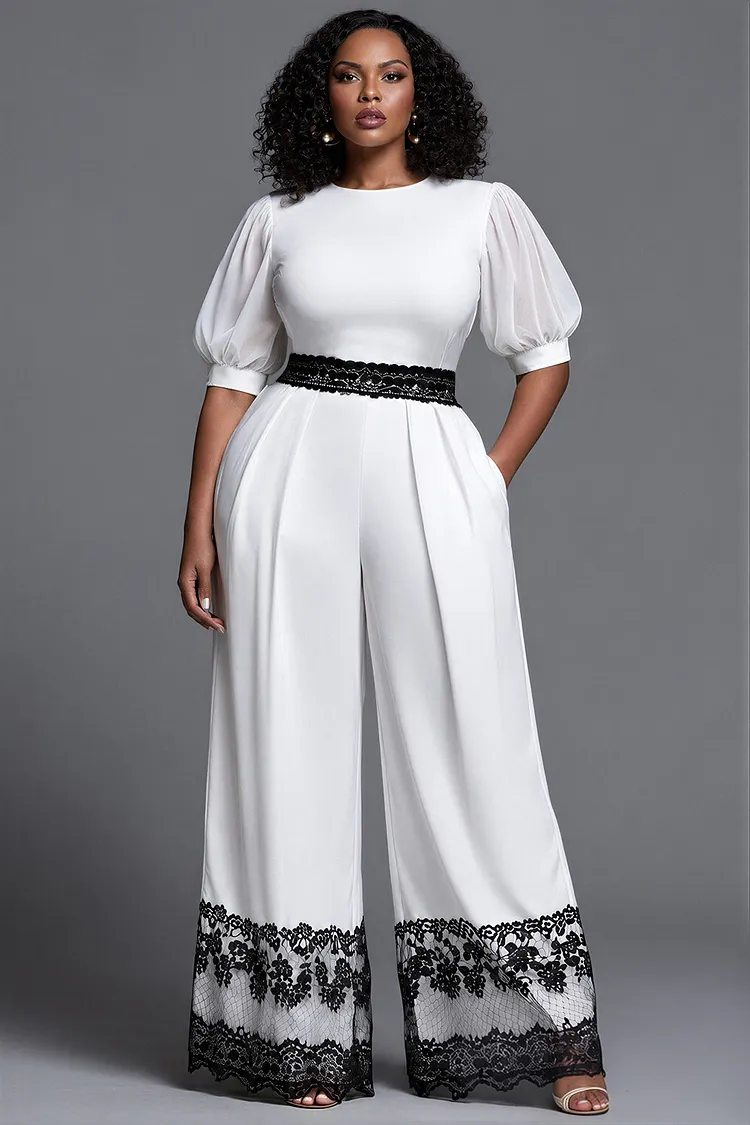 Xpluswear Design Plus Size Churchs White Round Neck Puff Sleeve Short Sleeve Contrast Pocket Jumpsuits [Pre-Order] 2024 - Xpluswear