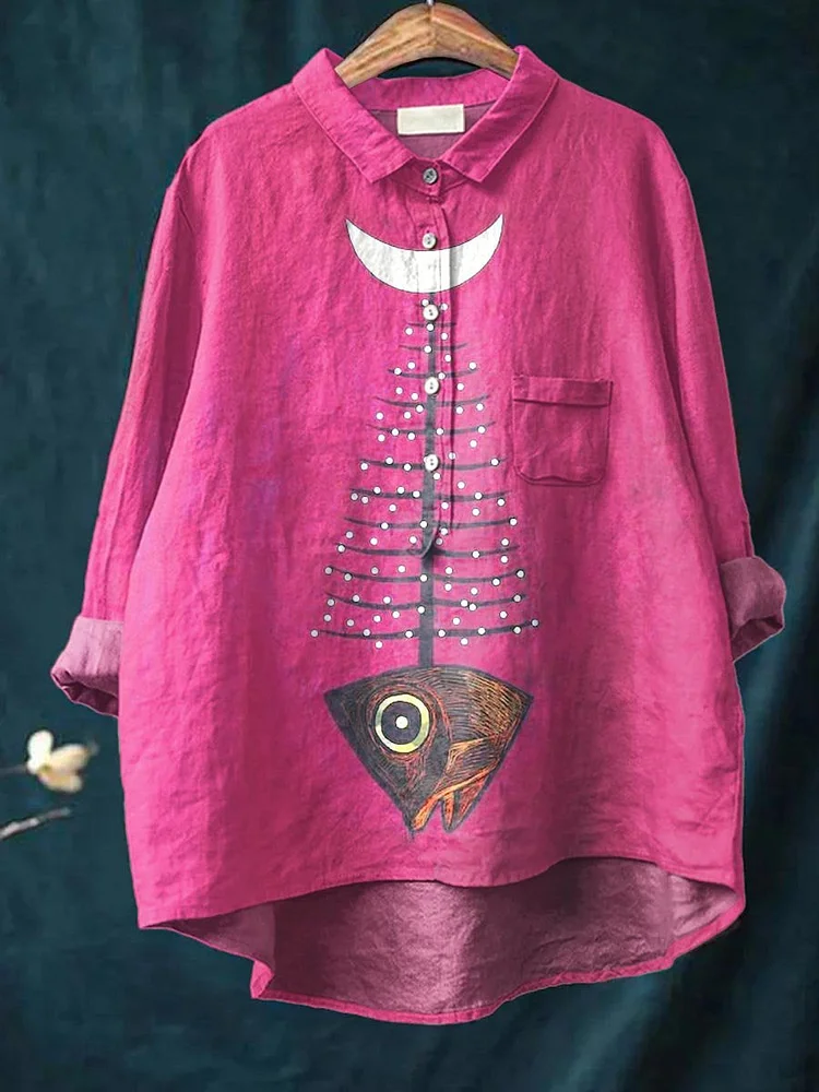 Fish Moon Art Pattern Print Casual Cotton And Linen Shirt