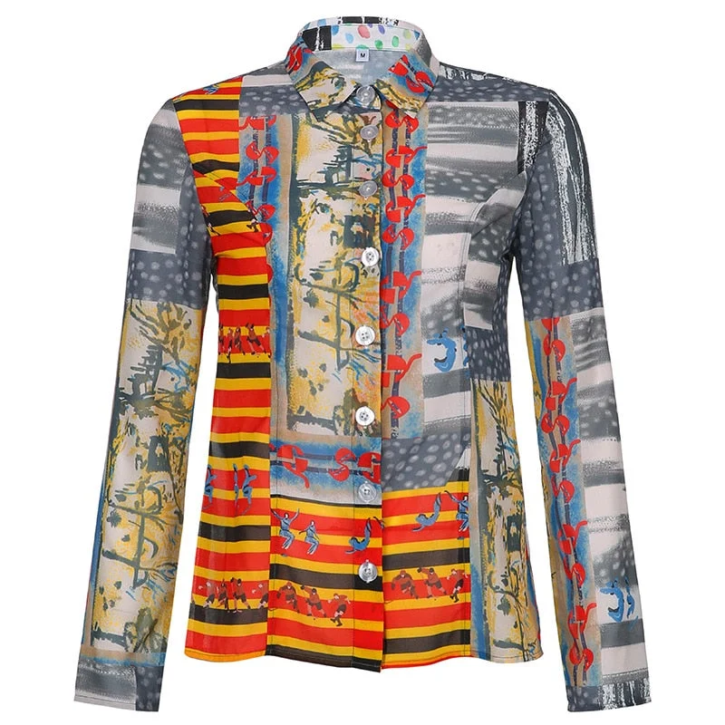 Billlnai 2023 Graduation party  Gothic Print Mesh Tops Women Harajuku Long Sleeve Turn Down Collar Tee Grunge Punk Button Up T Shirt