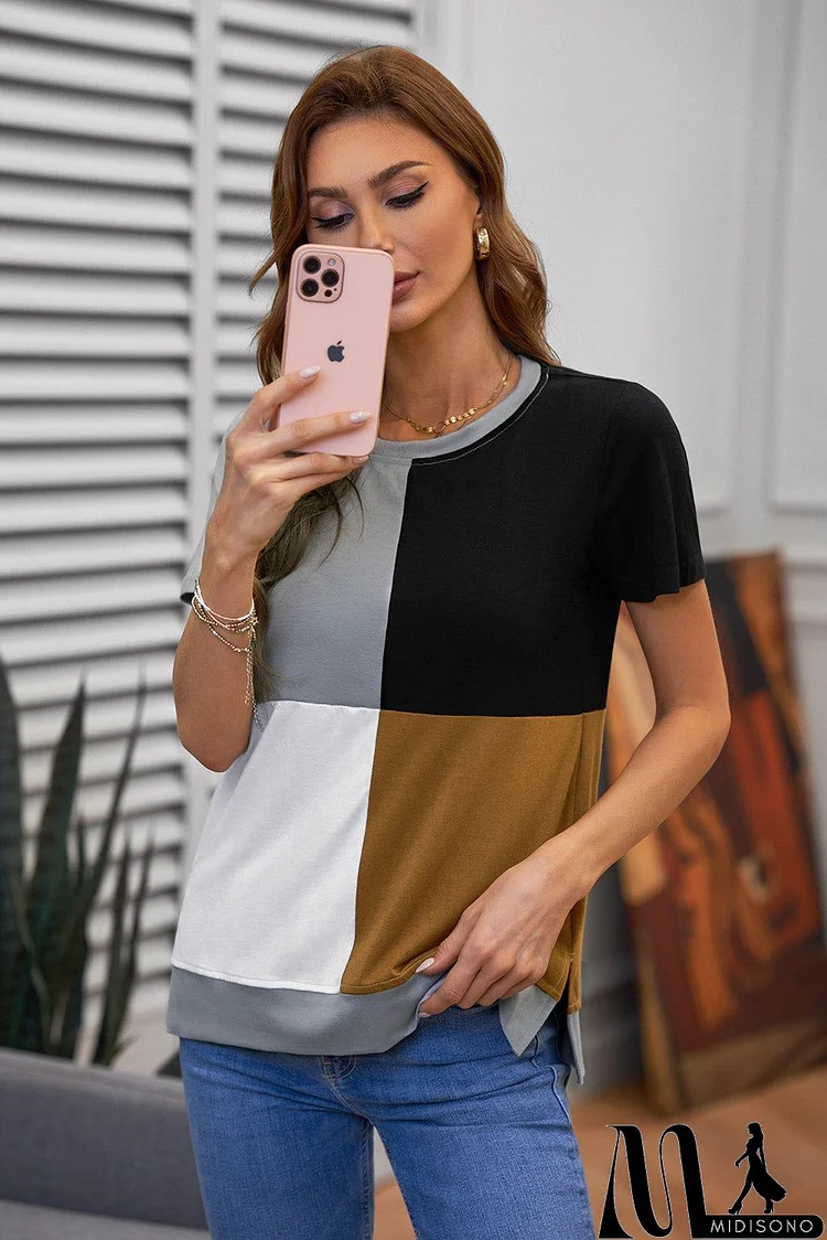 Women's Casual Brown Colorblock Summer T-shirt with Slits
