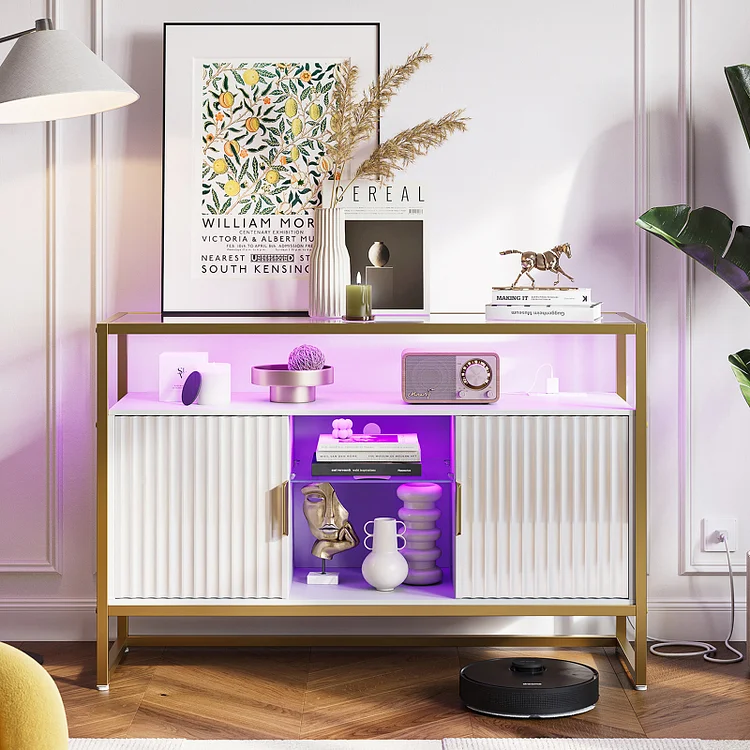 Bestier Sideboard buffet cabinet, 47"Tempered Glass Coffee Bar Cabinet Top with LED and Power Outlet, Modern White