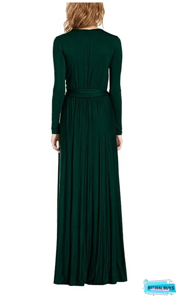 Women's Shift Dress Maxi Long Dress Blue Long Sleeve Solid Color Ruffle Patchwork Summer V Neck Hot Elegant