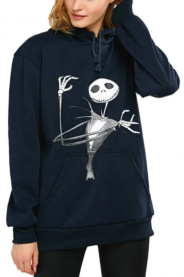 The Nightmare Before Christmas Jack Printed Drawstring Hoodie Black-elleschic