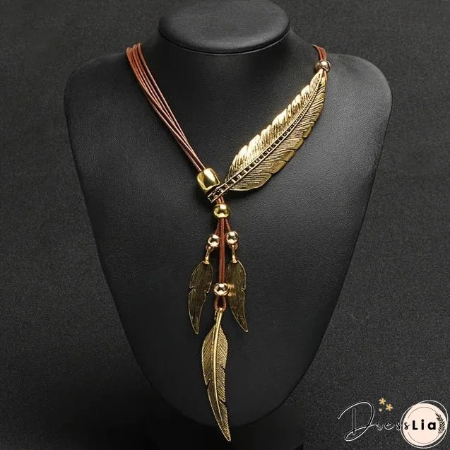 Fashion New Gold Color Boho Style Rope Chain Leaf Feather Pattern Pendant Ladies High Jewelry Choker Personality Necklace