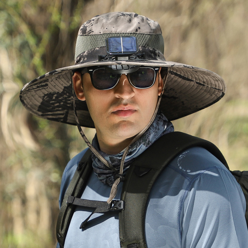 Outdoor Wide Brim Sun Hat With Solar Fan - tree - Codlins