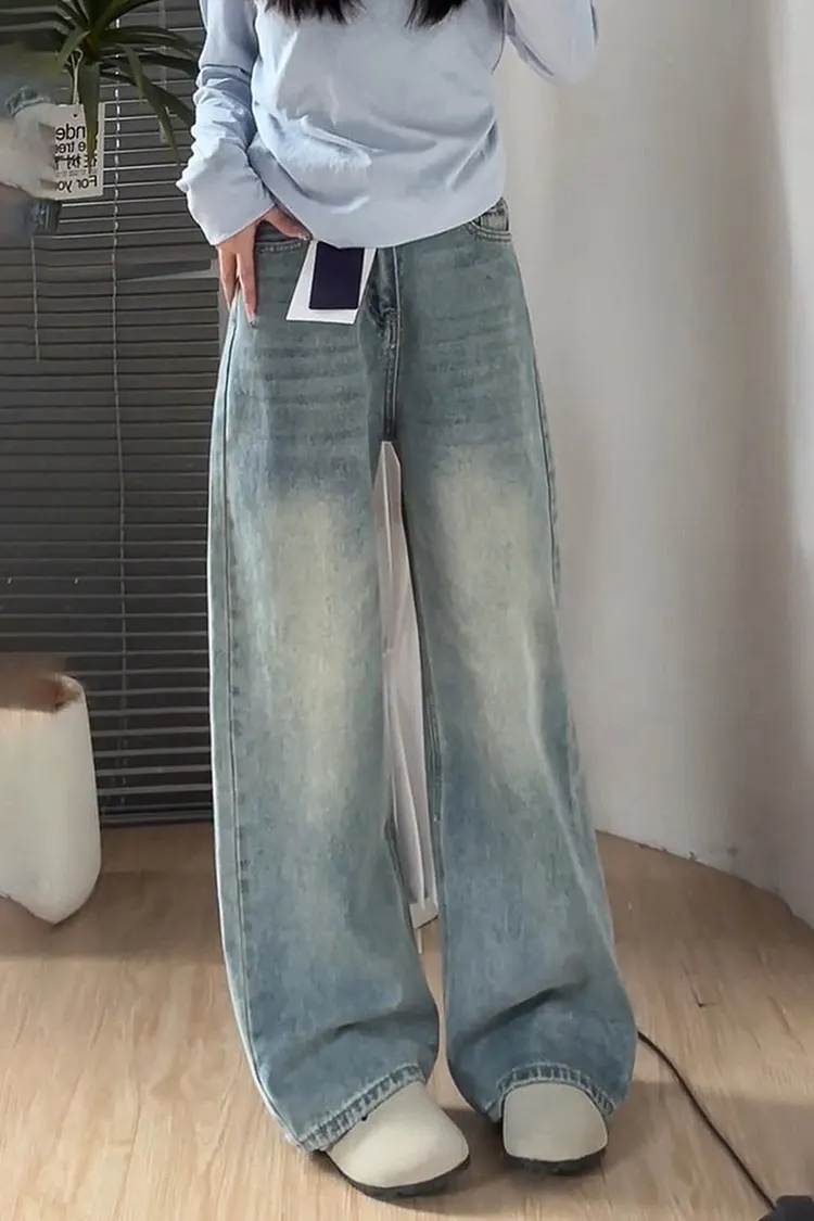 Light Wash Straight Leg Jeans High Waisted Wide Denim for Women