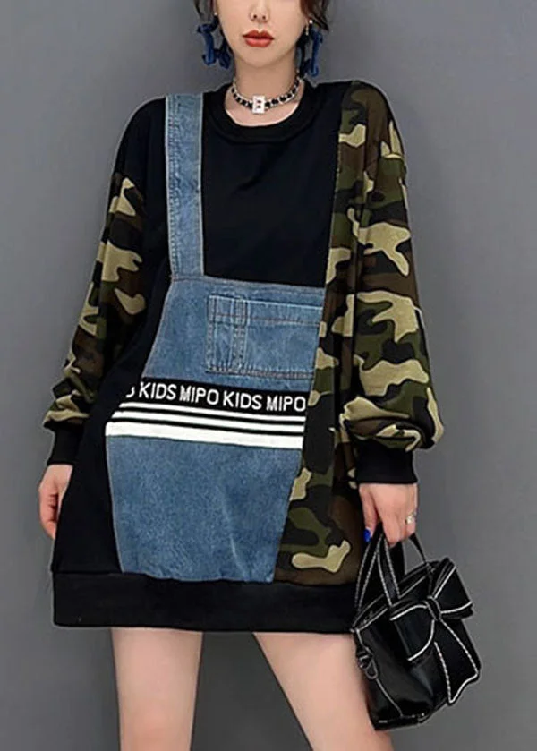 French Camouflage Asymmetrical Patchwork Denim Cotton Loose Sweatshirts Top