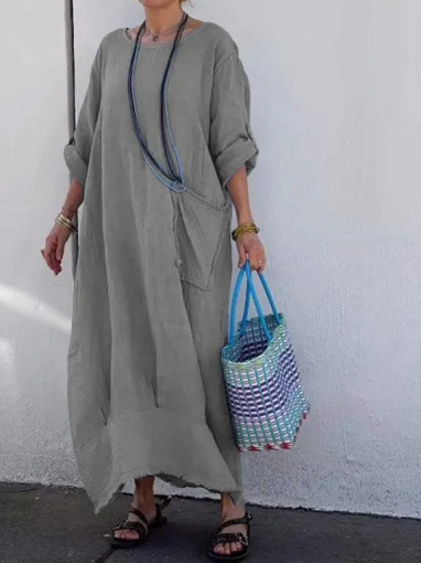 Older Women Summer Cotton And Linen Casual Pure Color Ribbon Pocket Round Neck Length Dress