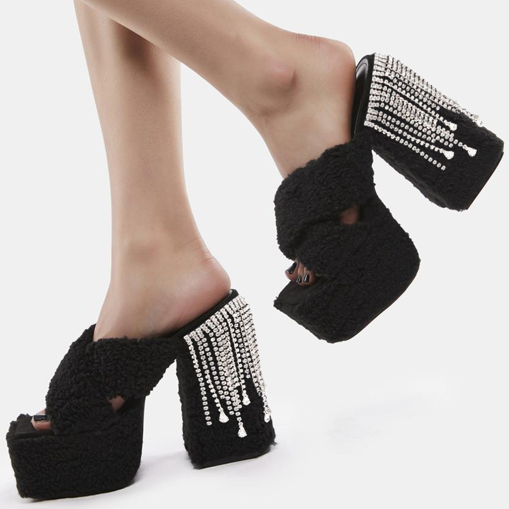 Black Fur Square Toe 4'' Chunky Heel Platform Mules with Rhinestone Nicepairs