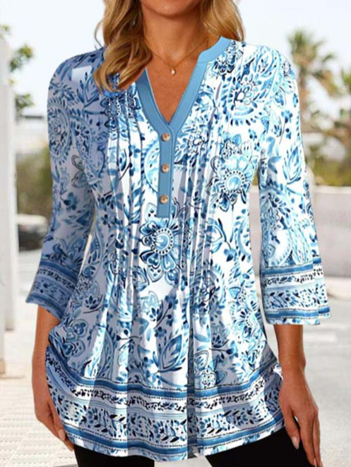 Casual Light Blue Split Neck Paisley Print Blouse