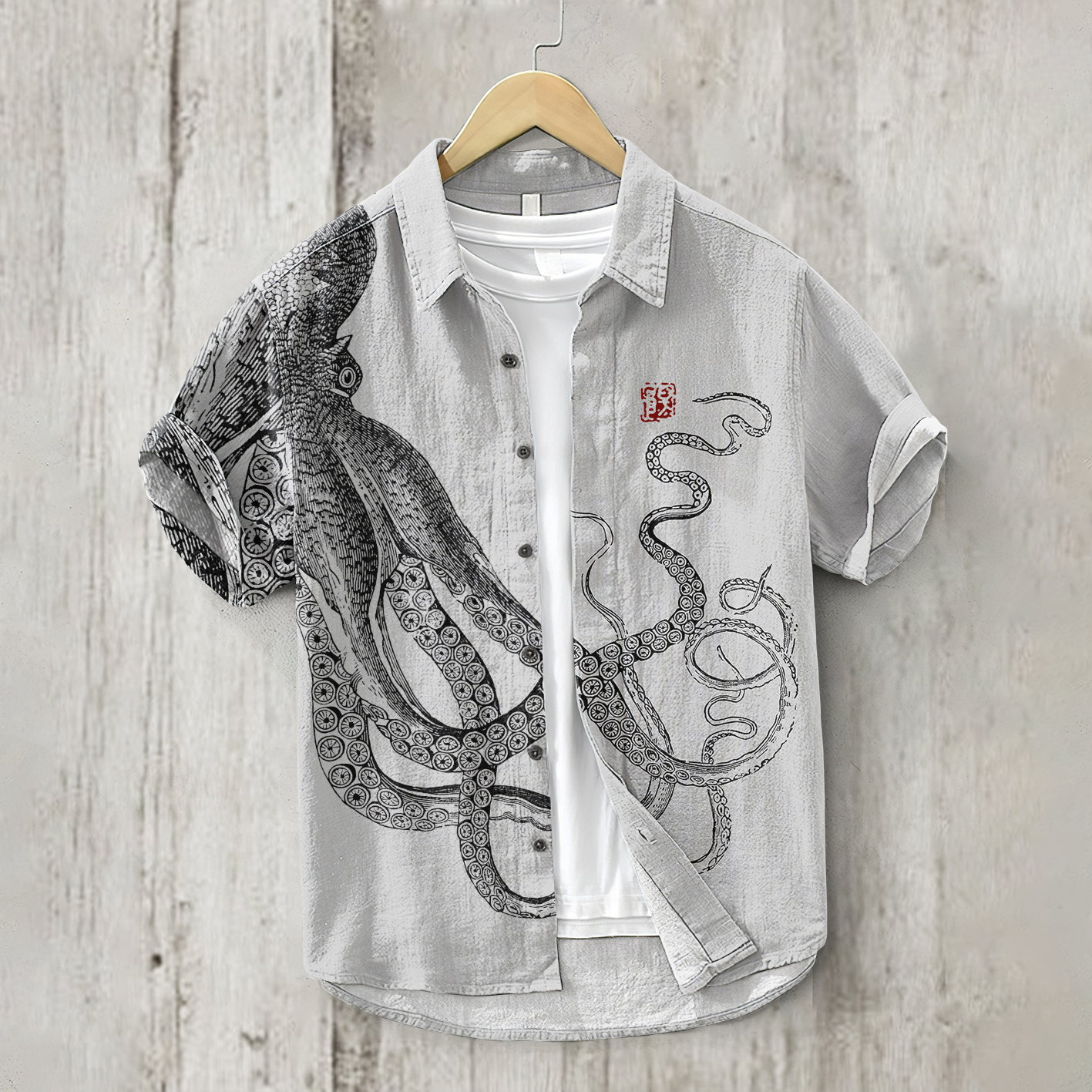 Comstylish Japanese Art Octopus And Crab Print Casual Linen Blend Shirt