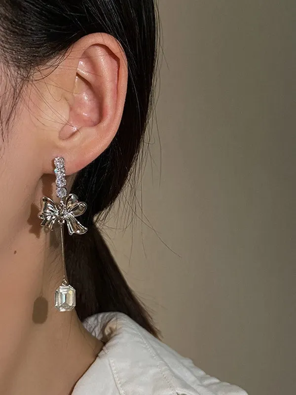 Brownm zircon pendant earrings with bow