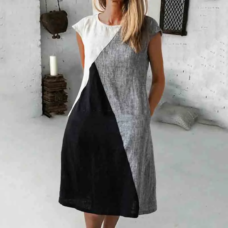 Round Neck Sleeveless Color-Block Cotton Linen Midi Dress