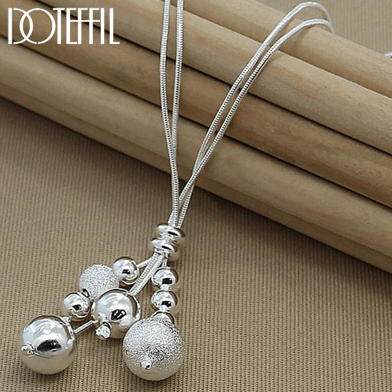 DOTEFFIL 925 Sterling Silver Snake Chain Glossy / Matte Beads Pendant Necklace For Woman Jewelry 