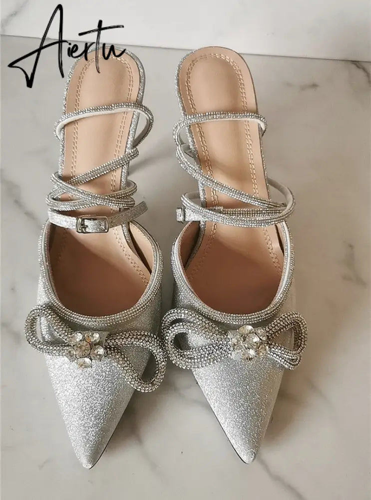 Aiertu Brand Luxury Crystal Sequined Bowknot Women Pumps Sexy Ankle Strap High heels Female Sandals Summer Fashion Wedding Prom Shoes Aiertu