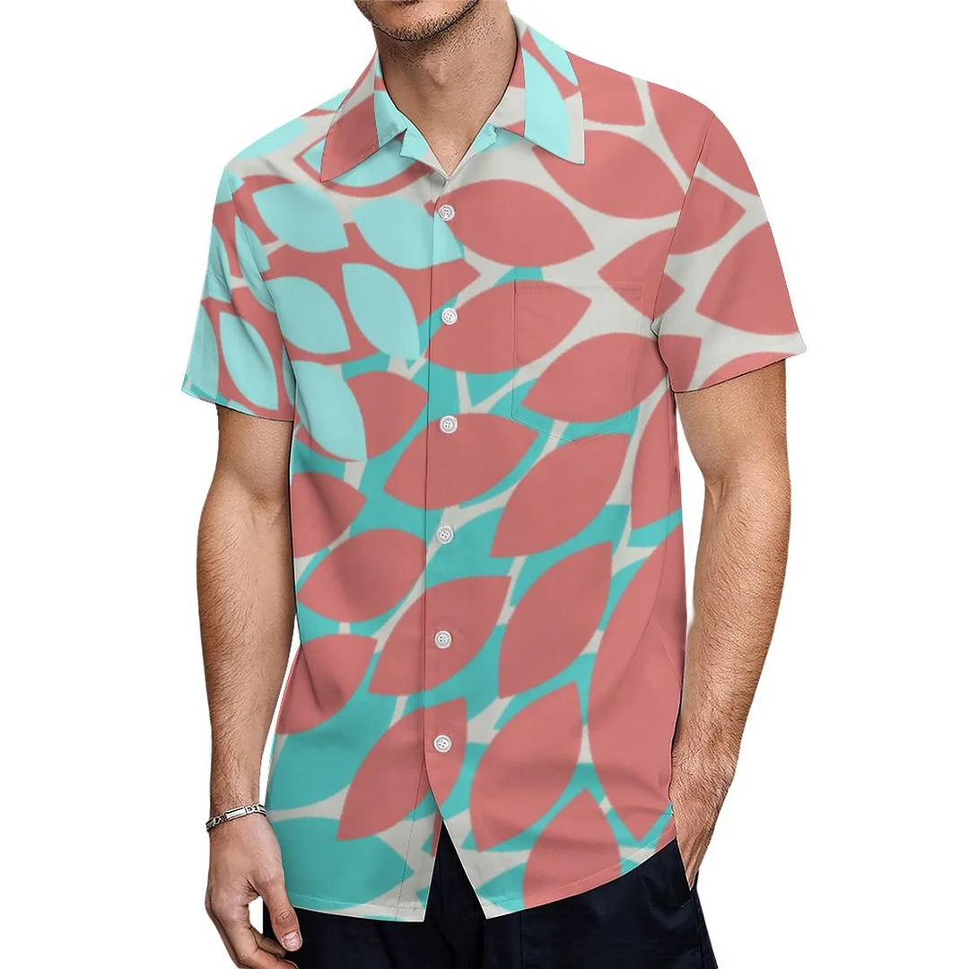 Short Sleeve Coral And Teal Dahlia Hawaiian Shirt Mens Button Down Plus Size Tropical Hawaii Beach Shirts