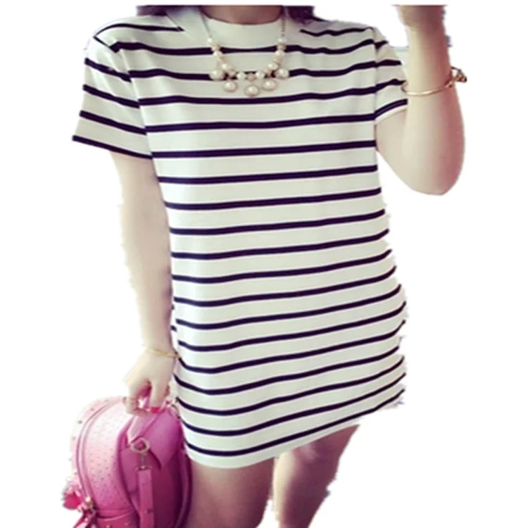 Uveng Uveng Summer Women's Wear Long Women's Stripe Loose Short-Sleeved T-Shirt Korean Version Horizontal Stripe Women's Dress