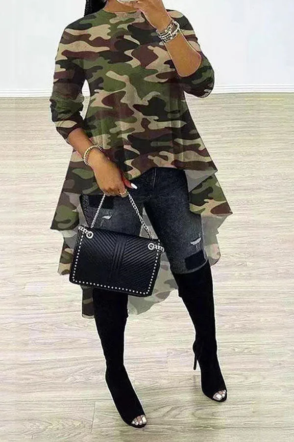 Camouflage Casual High Low Blouse