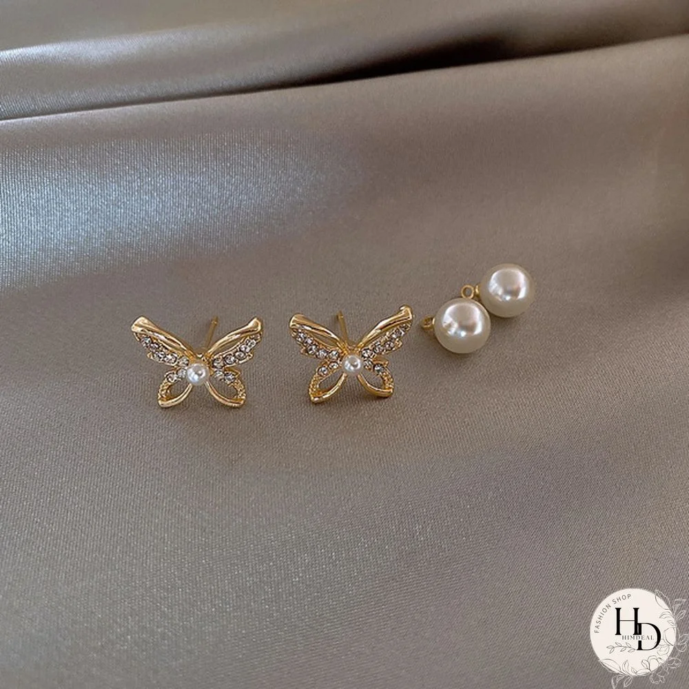 1 Pair Fashion Exquisite Women's 14K Yellow Gold Butterfly White Sapphire Diamond Stud Earrings White Pearl Stud Earrings for Wedding Engagement Party Jewelry Gifts