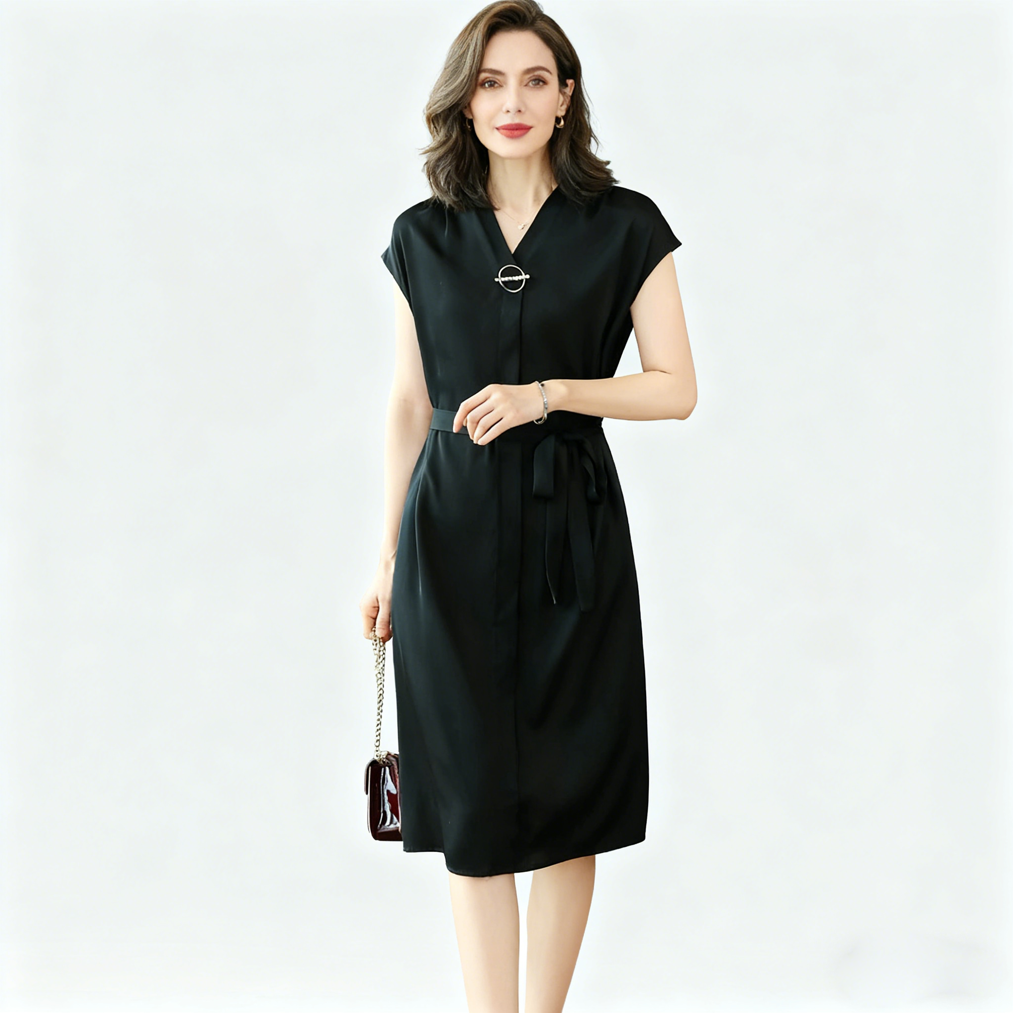Silk Midi Dress With Belt For Office Lady REAL SILK LIFE
