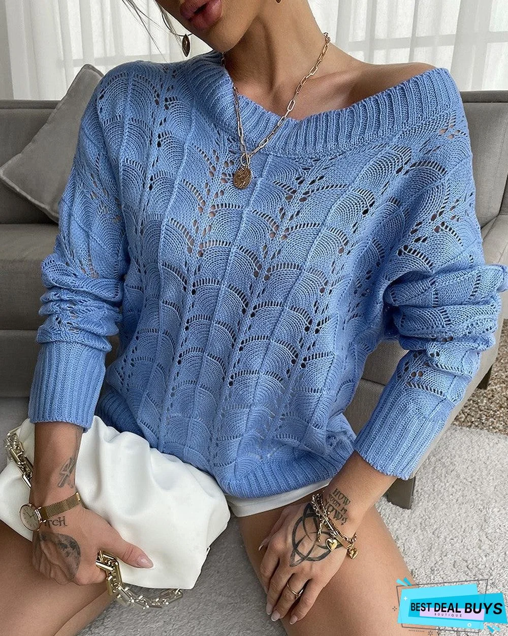 Hollow Out Long Sleeve Casual Knit Sweater