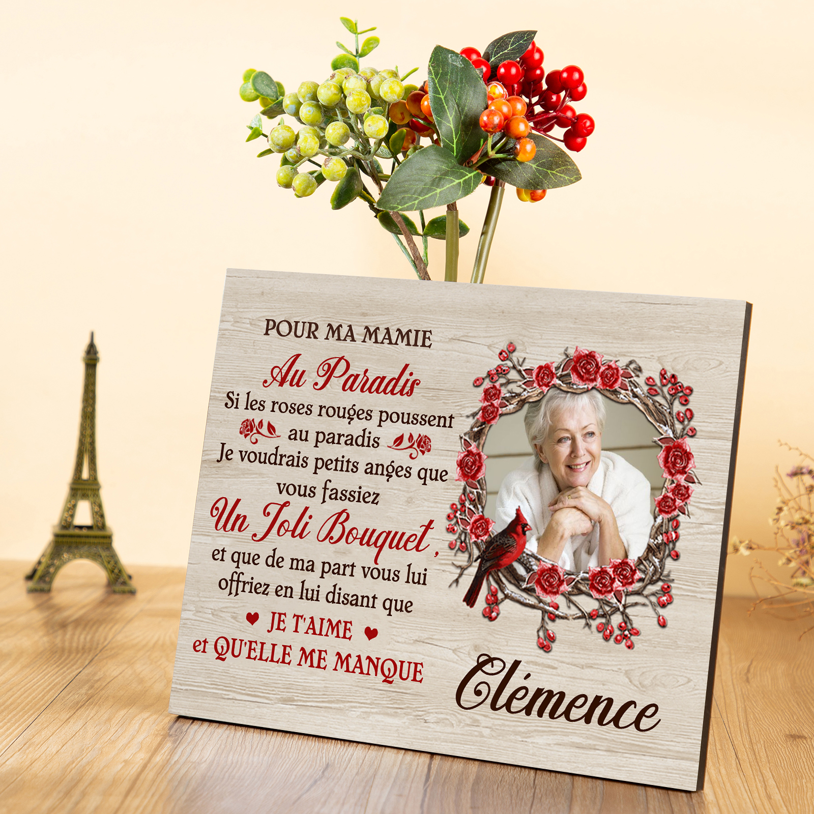 À ma Mamie - Cadre en Bois Commémoratif 1 Prénom et Photo Personnalisés