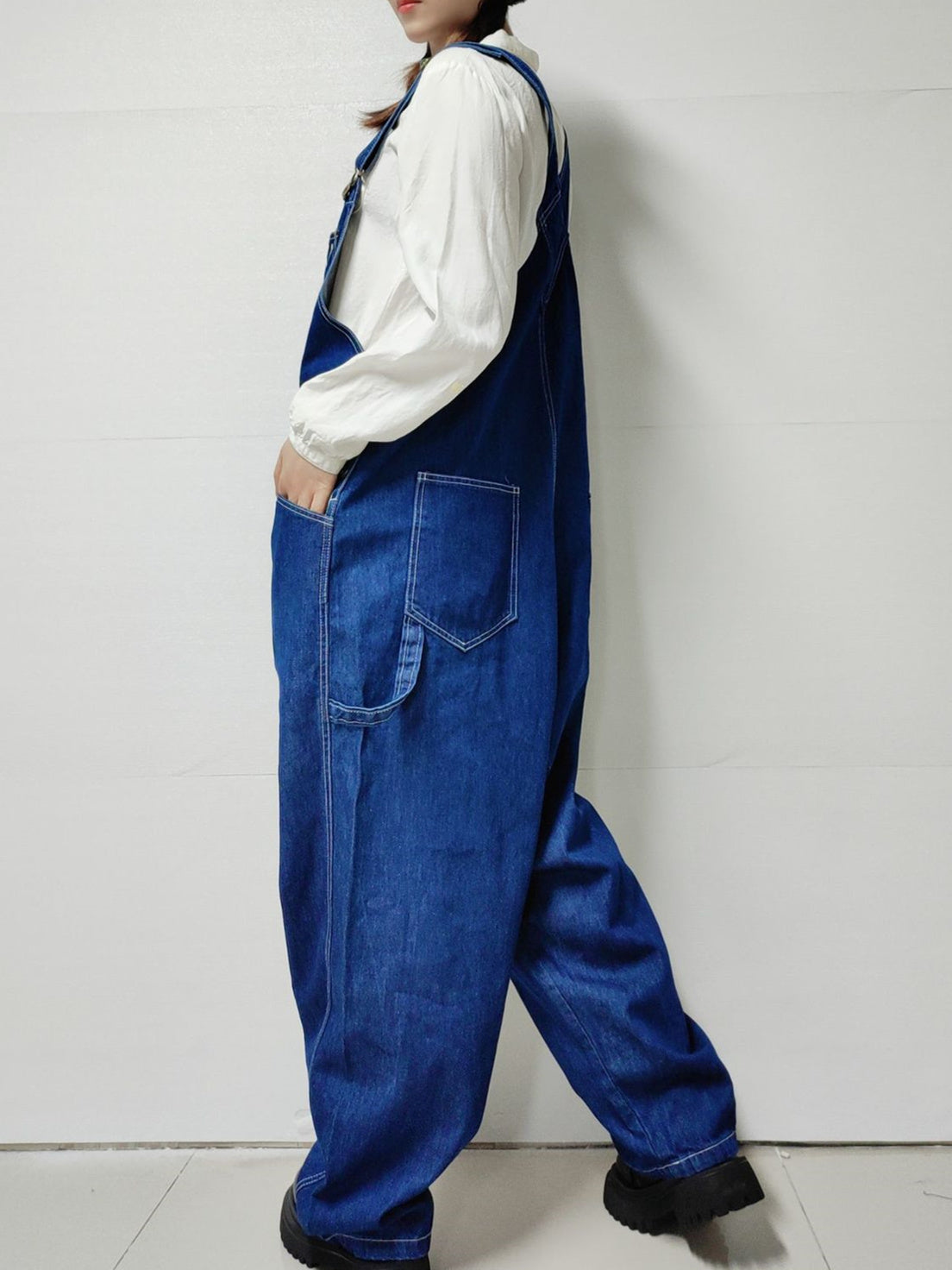 Women's Casual Retro Wide-leg Workwear Denim Overalls Jumpsuit