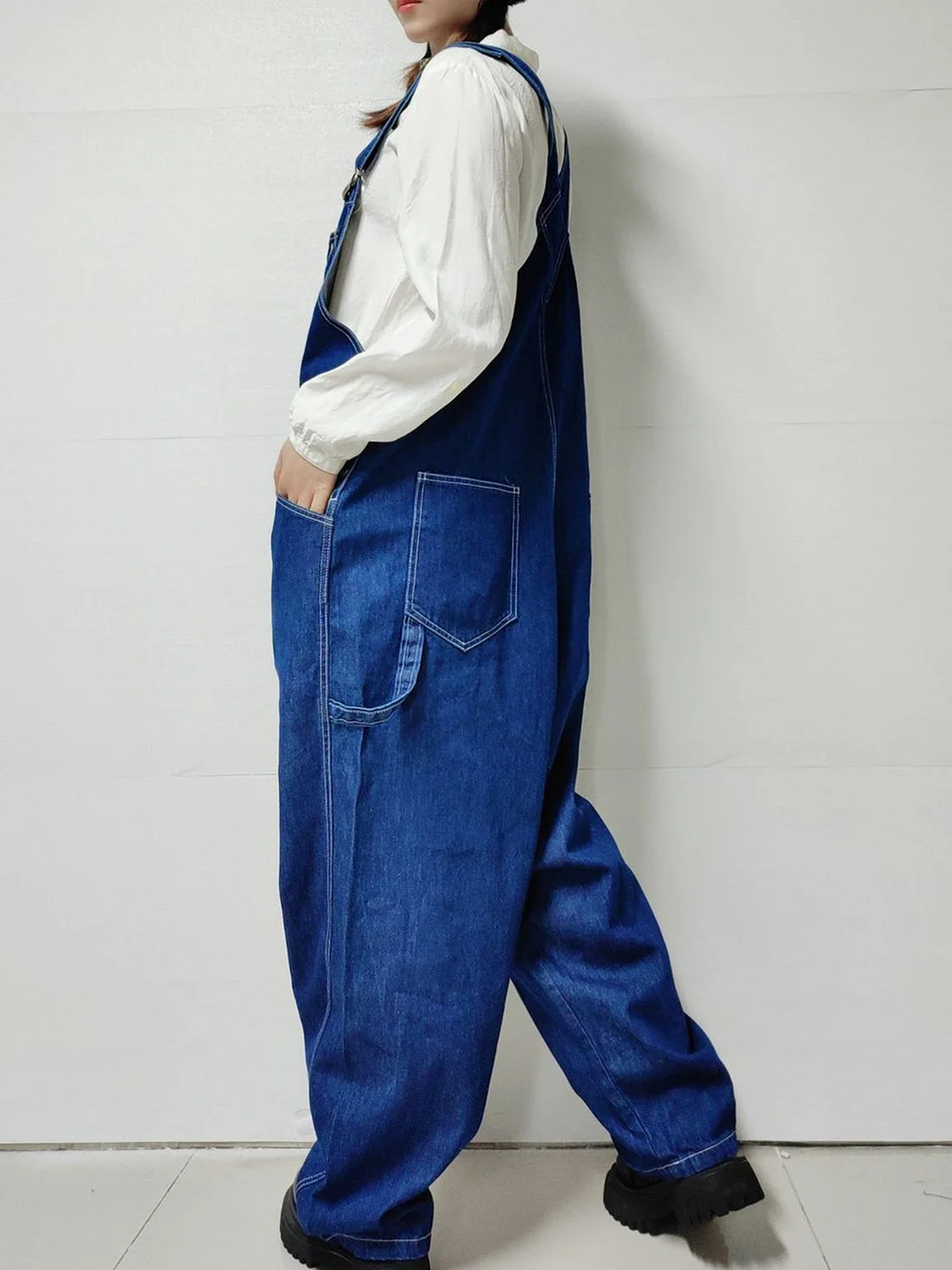 Women's Casual Retro Wide-leg Workwear Denim Overalls Jumpsuit