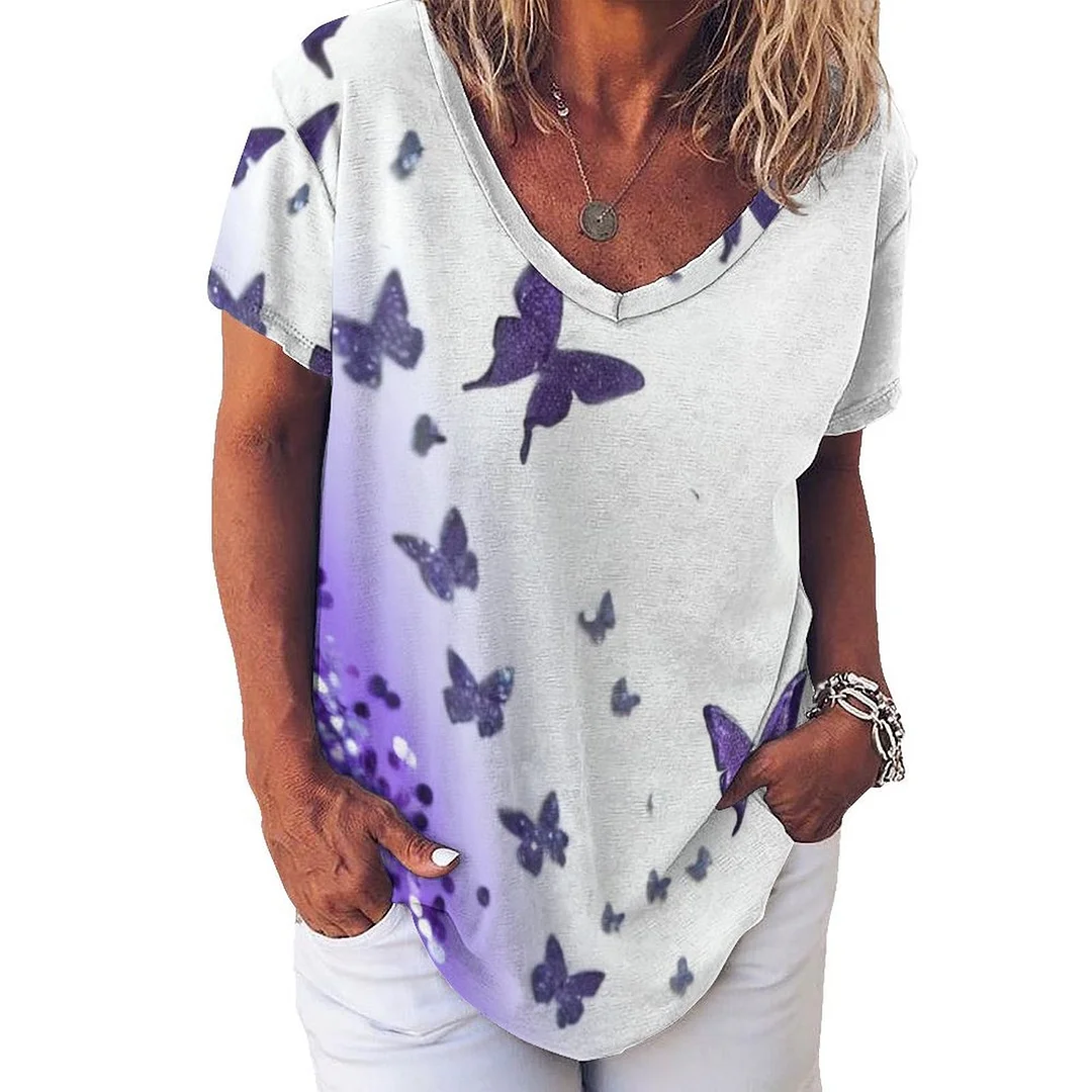 V-neck Short Sleeve Casual T-shirt for  Women Printed with Pattern Purple, Butterfly, Glitter