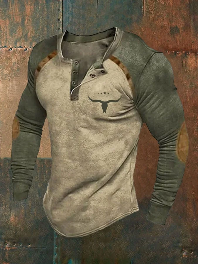Men's Retro Western Print Color Block Long Sleeve T-Shirt