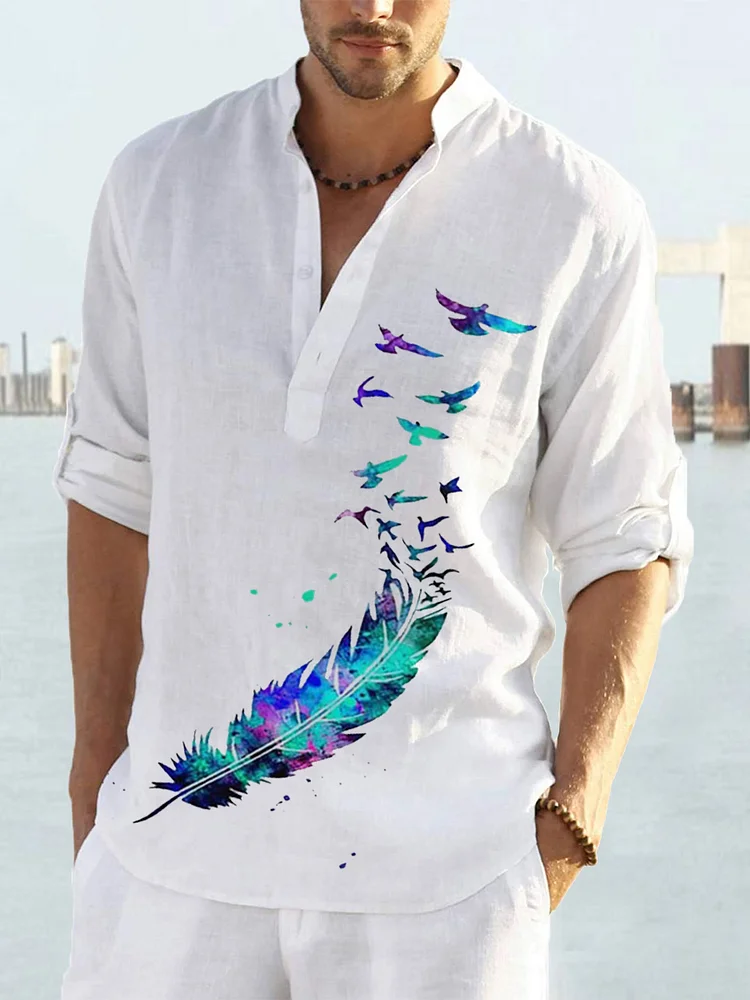Pre-sale Men's casual shirt blue feather print shirt