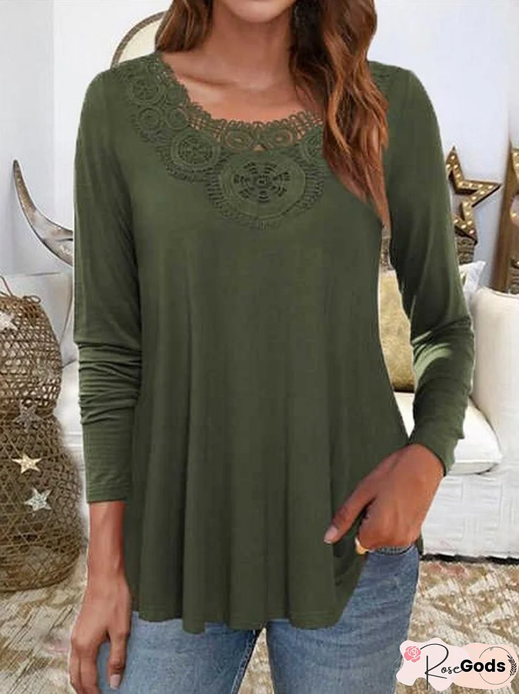 Lace Neck Loosen Casual Tops