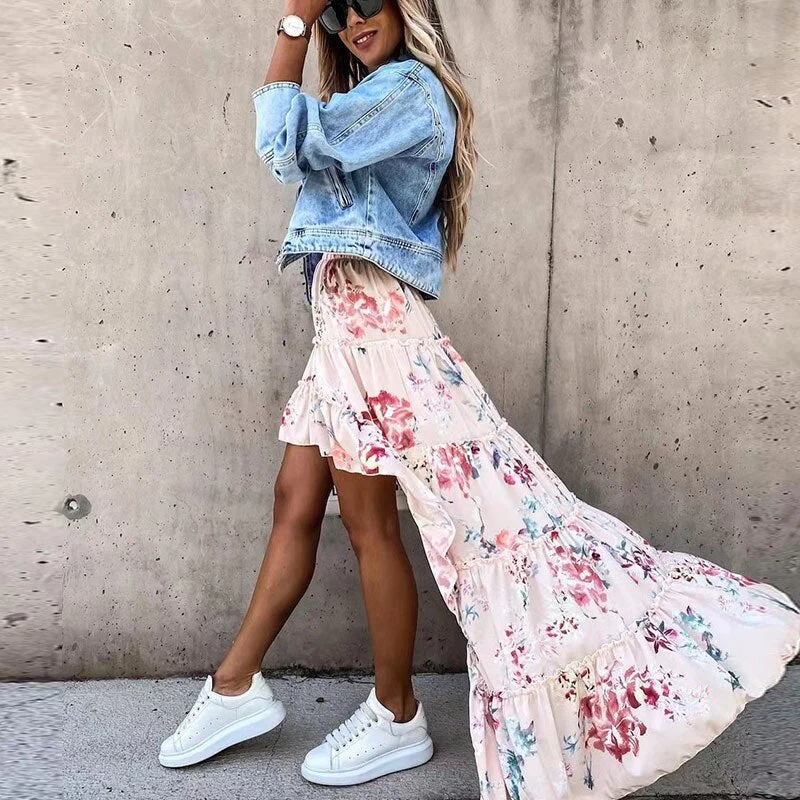 Floral Print Irregular Long Skirts Women High Elastic Waist Casual Style Beach Ladies Skirt 2021 Summer Spring Fashion Bottoms