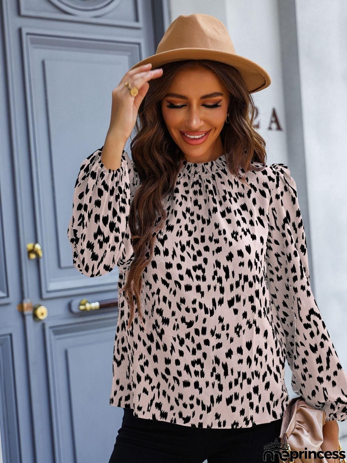 Printed Mock Neck Puff Sleeve Blouse