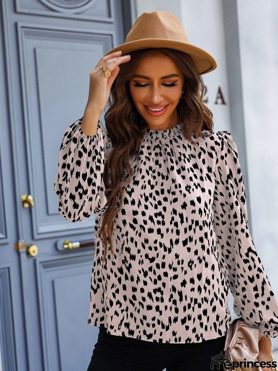 Printed Mock Neck Puff Sleeve Blouse