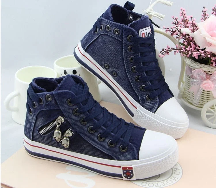 Women Fashion Sneakers Denim Canvas Shoes Spring/Autumn Casual Shoes Trainers Walking Skateboard Lace-up Shoes Femmes klo90