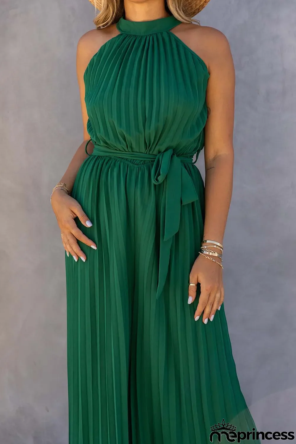 Green Halter Neck Pleated Wide Leg Jumpsuit with Belt