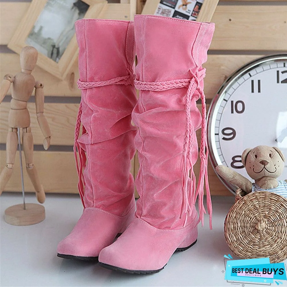 Women's Wedge Heel Ruffles / Knee High Boots Slouch Boots Fall / Winter Black / Pink / Brown