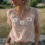 Bohemian Retro Style Plant Flower Design Women's  Linen Short-sleeve Shirt - Image 2