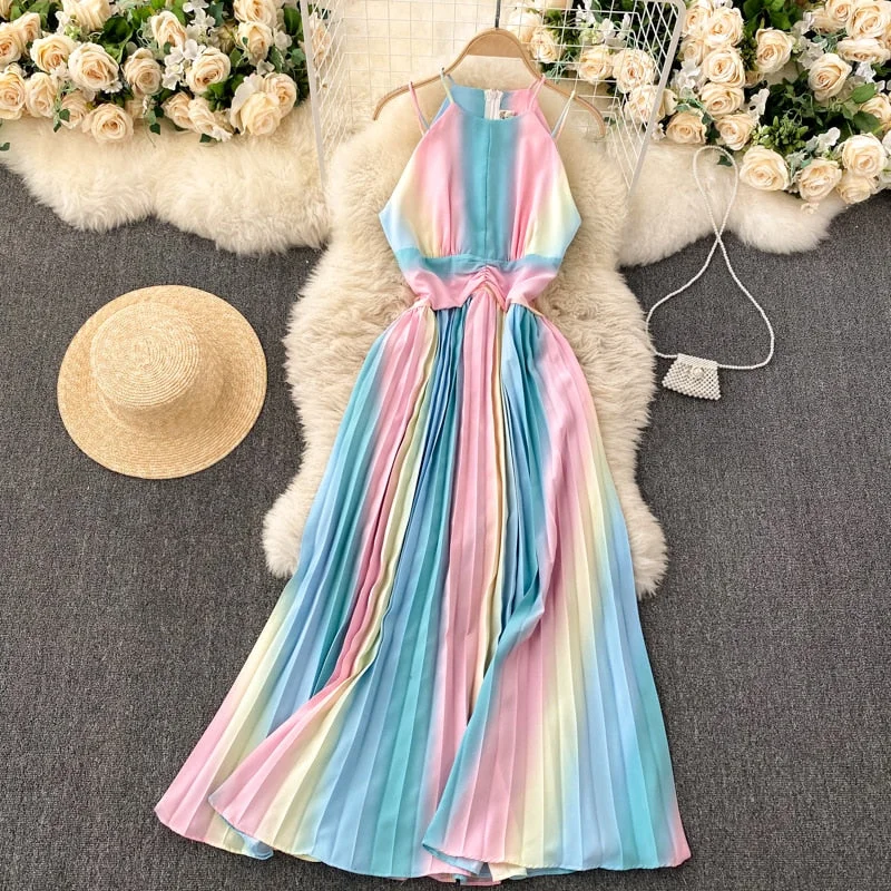 Long Dresses For Women 2021 Gradient Color Vacation Boho Beach Summer Dress Sleeveless Halter Spaghetti Strap Sexy Pleated Dress