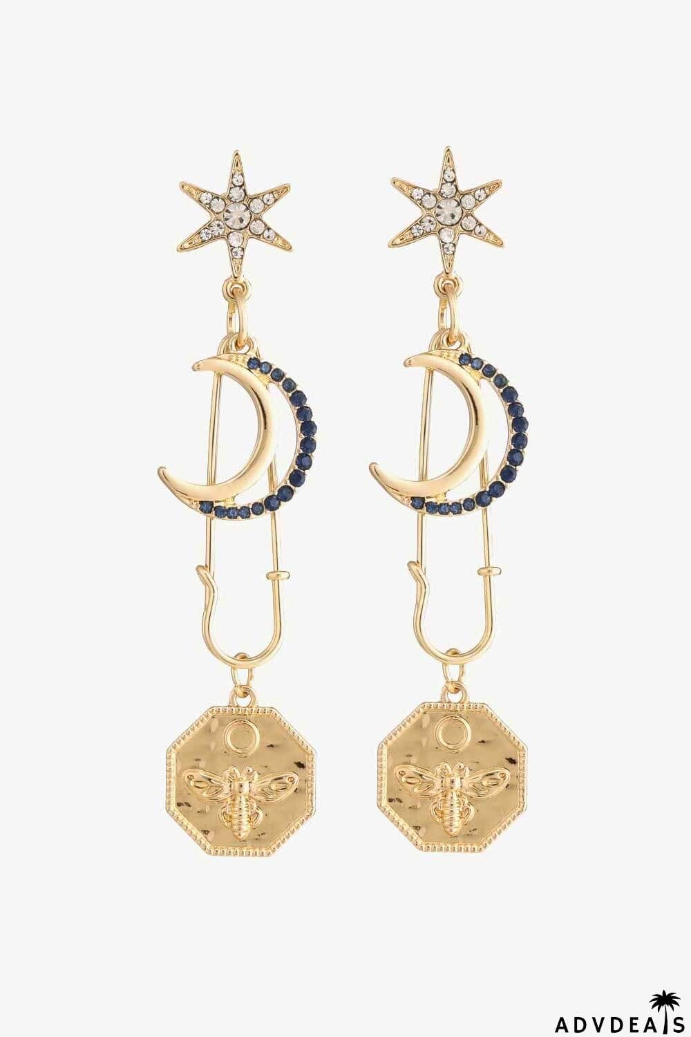 Inlaid Rhinestone Moon and Star Drop Earrings