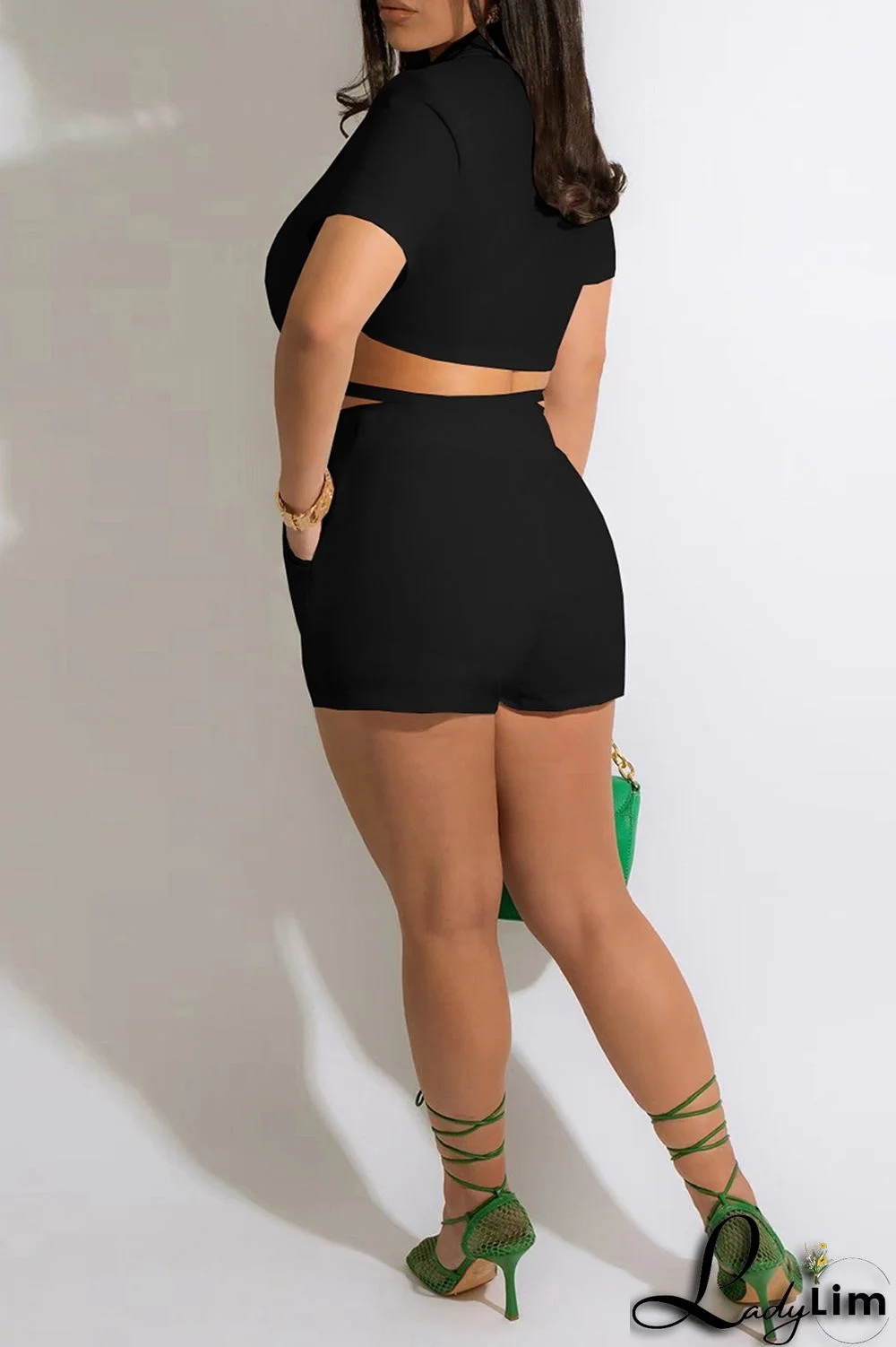 Black Fashion Casual Solid Bandage Split Joint Turndown Collar Short Sleeve Two Pieces