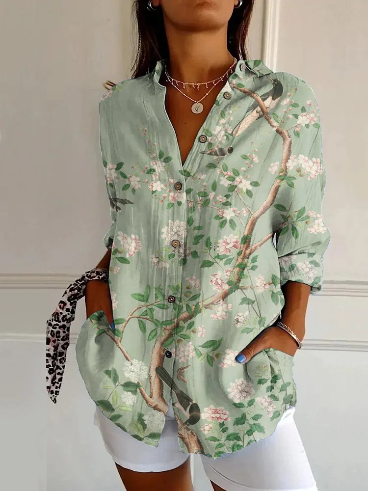 Japanese Art Floral Print Casual Long-sleeved Shirt